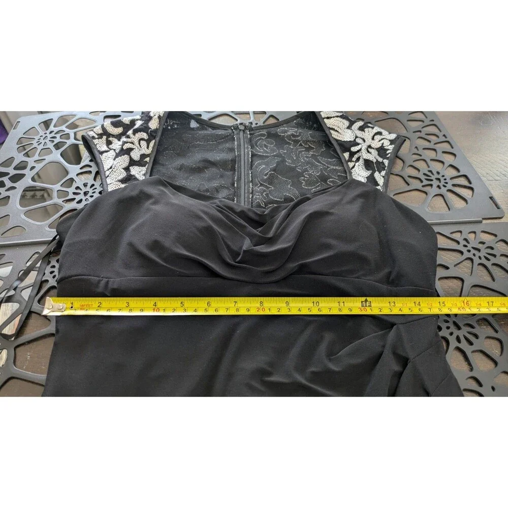 Vtg 90s Y2K Xscape Black Cocktail Dress 12 Hoco Babydoll Stretch Silver Sequin